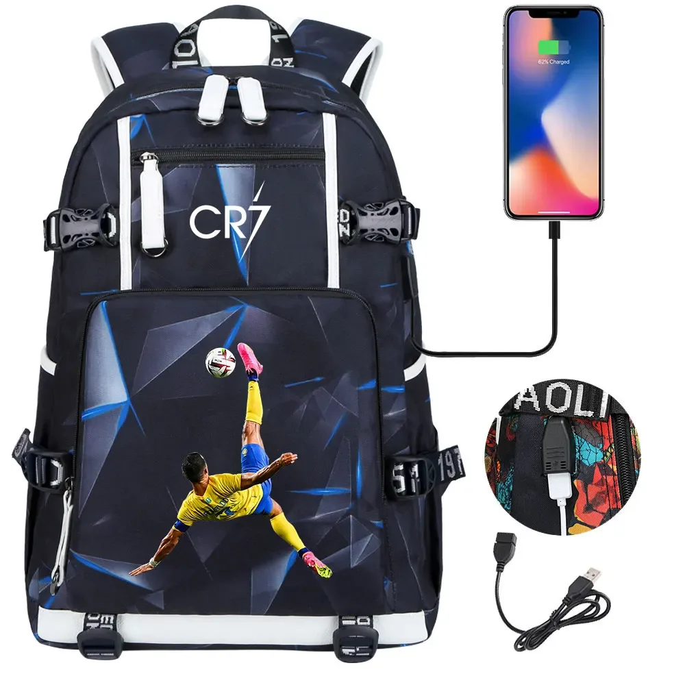 football star cr7 usb adolescents étudiant cartable femmes hommes ordinateur portable voyage sport sac à dos fille garçons enfants retour à l'école livre sacs