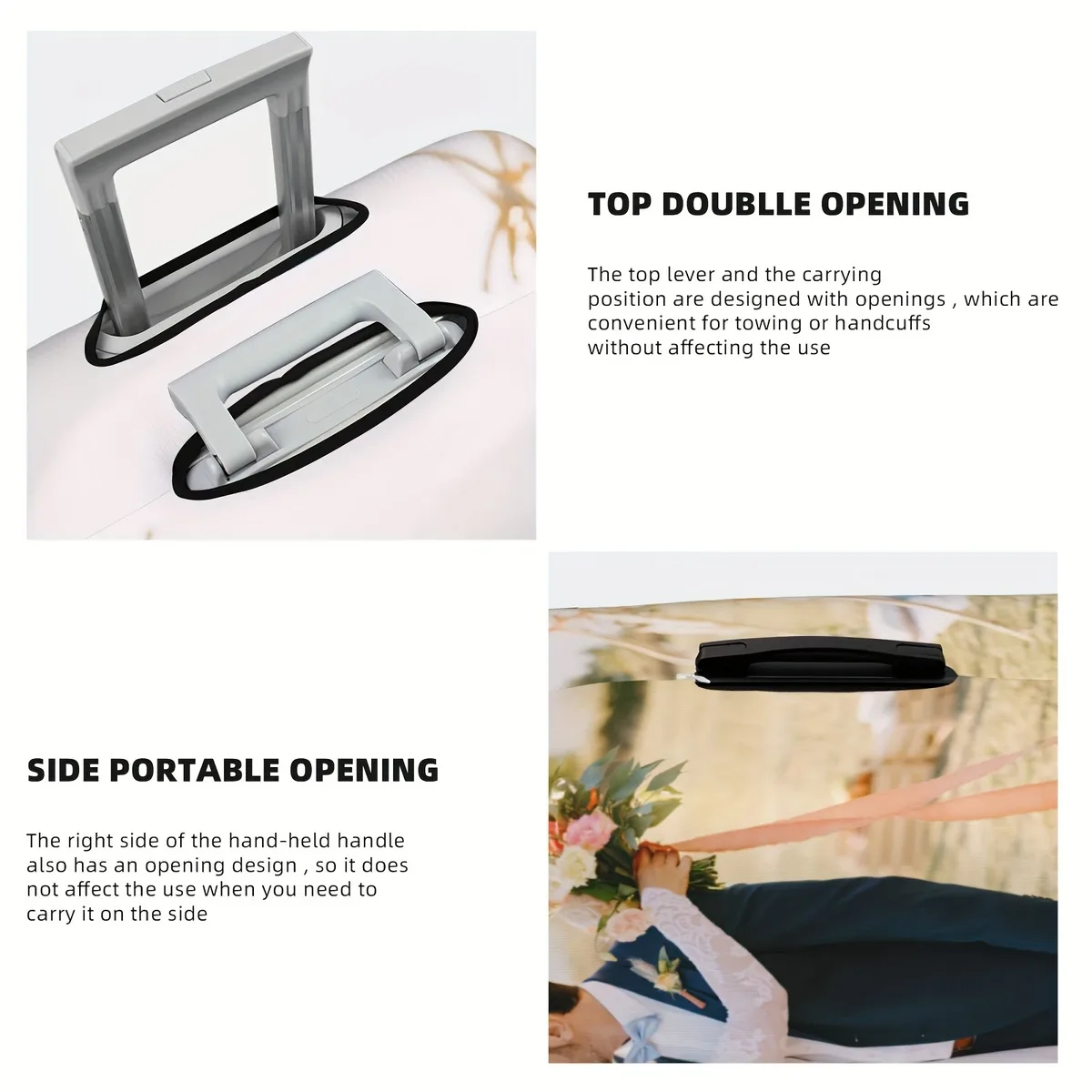 valise personnalisable avec photo et texte personnalisés, impression recto-verso, polyester élastique, protection de valise lavable