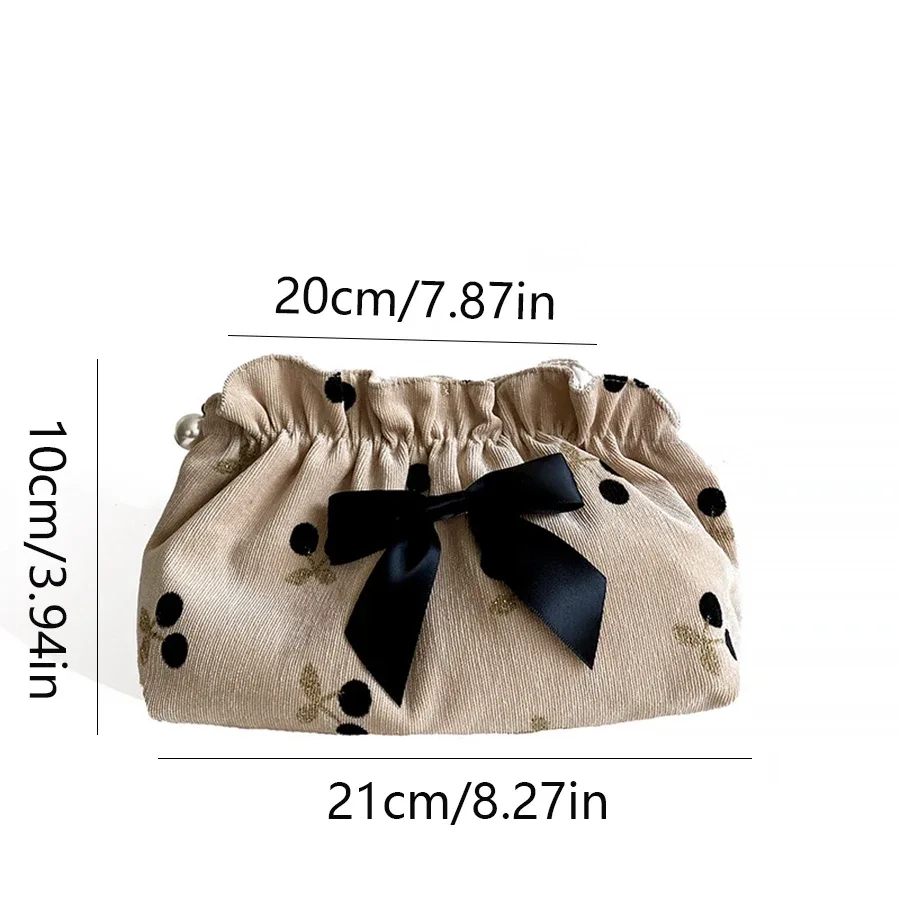 sac à cosmétiques en velours côtelé imprimé cerise pour femmes, sacs de maquillage de grande capacité pour rouge à lèvres, sac de rangement de voyage pour femmes