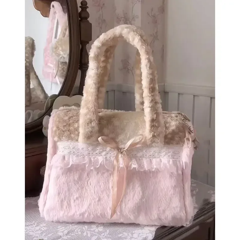 sac fourre-tout en peluche doux et mignon pour femmes, style ballet, dentelle, couleur contrastée, grande capacité, sacs à bandoulière, sacs à main polyvalents harajuku pour femmes