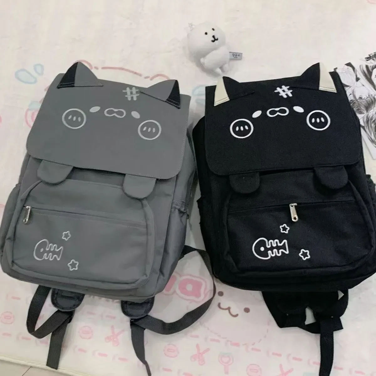 Sac à dos chaton mignon Harajuku Kawaii poisson chat imprimé étudiant sac d'école hommes femmes dessin animé populaire grande capacité voyage sac à dos