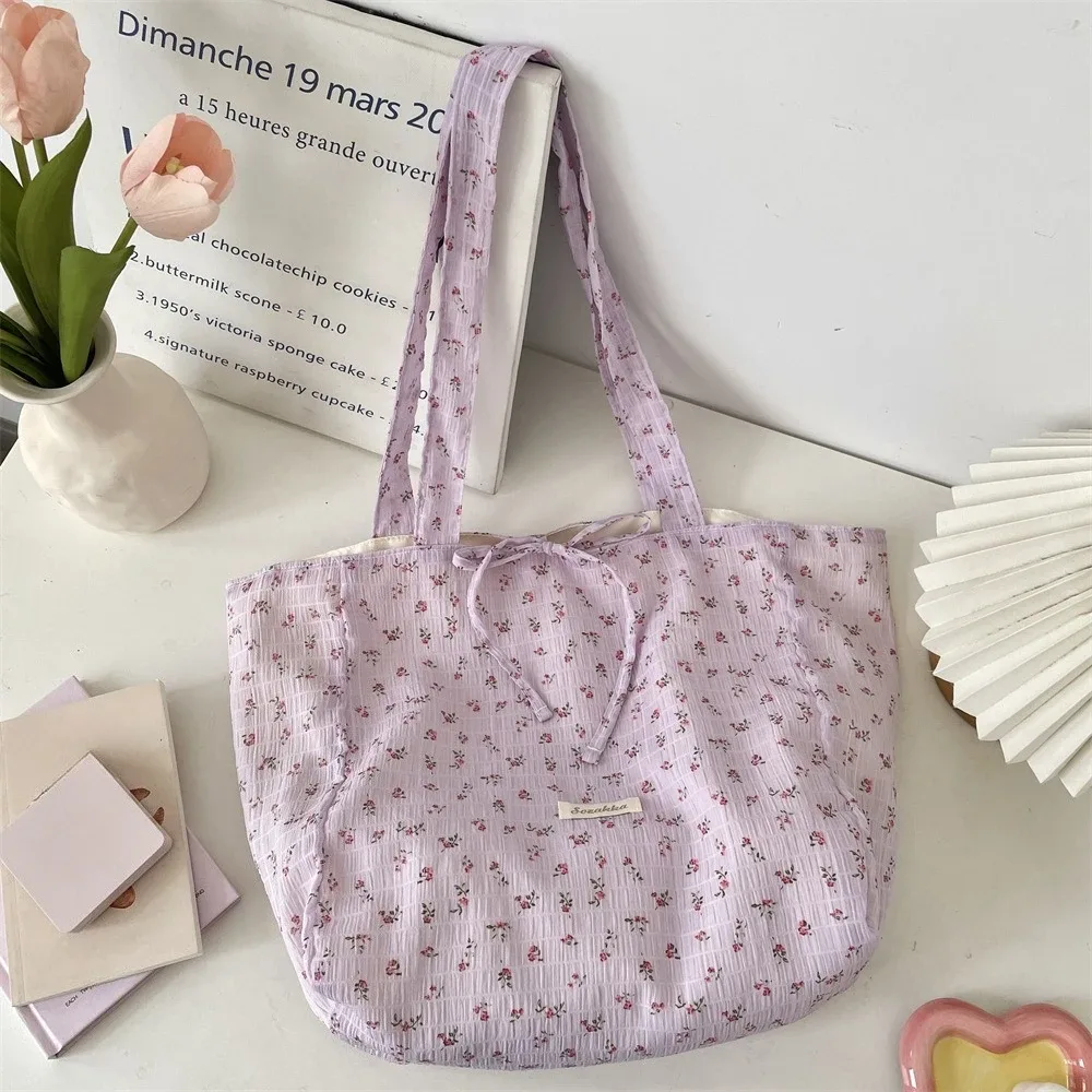 sac de shopping polyvalent pour femmes, sac à bandoulière simple en mousseline de soie imprimé floral frais et doux, fourre-tout de grande capacité pour classe d'étudiant