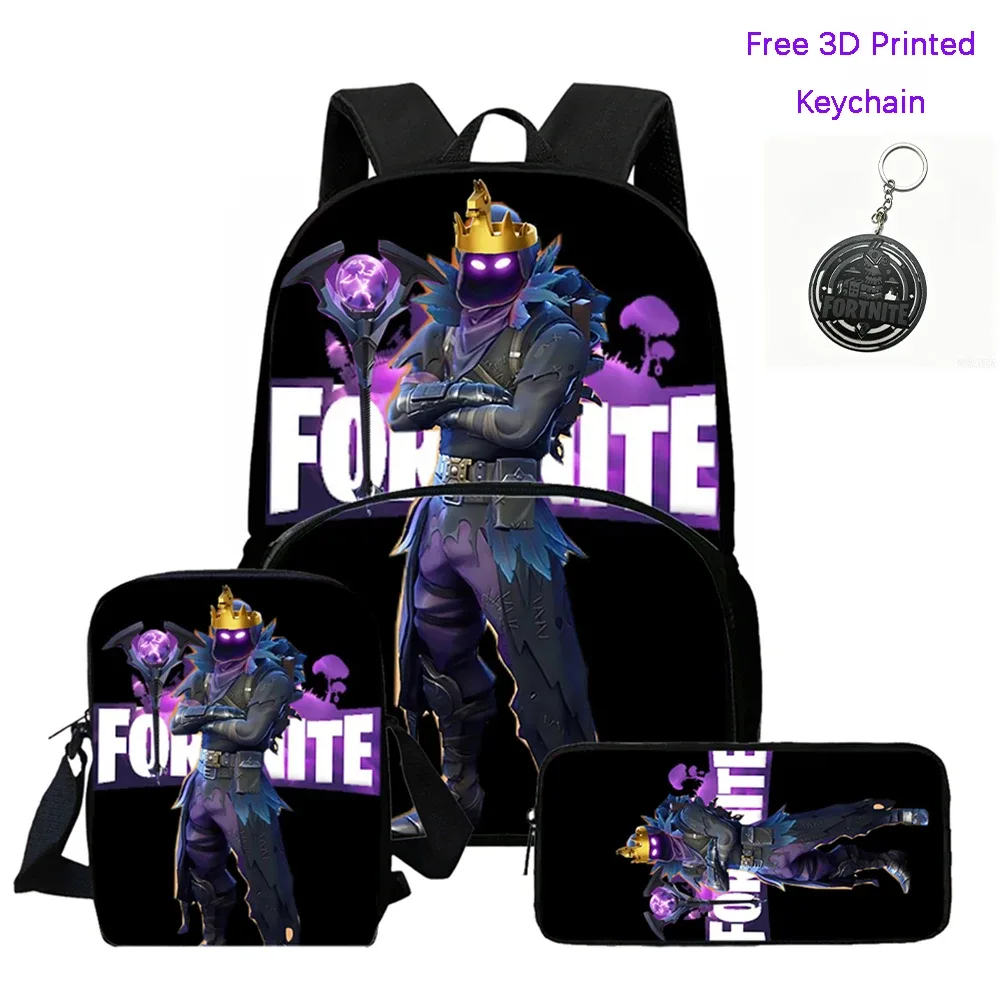 FORTNITE – sac à dos léger avec poche avant, sac bandoulière et trousse à crayons, pour garçons et filles de 5 à 10 ans, porte-clés imprimé en 3D gratuit, 3 pièces