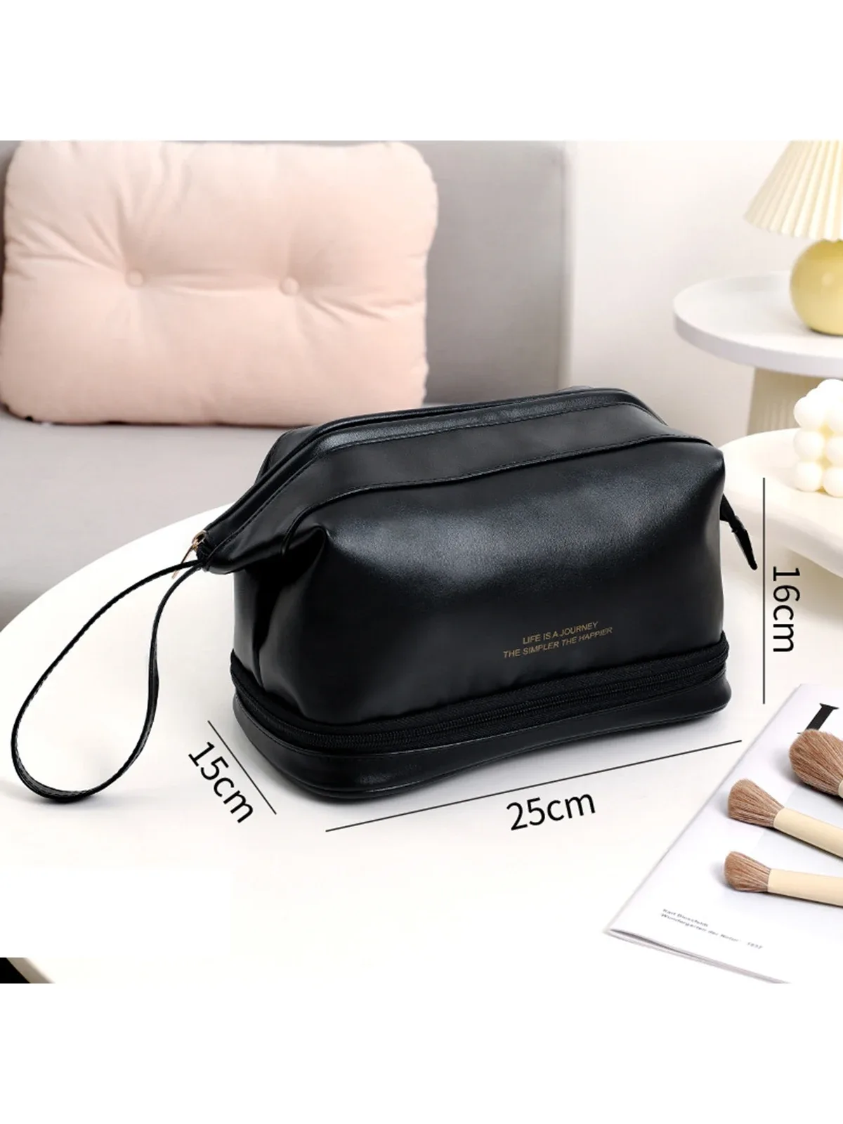 trousse à cosmétiques en maille noire à double couche, trousse de maquillage portable de grande capacité, trousses de toilette à fermeture éclair, trousse de voyage, évaluationstorage, poudres