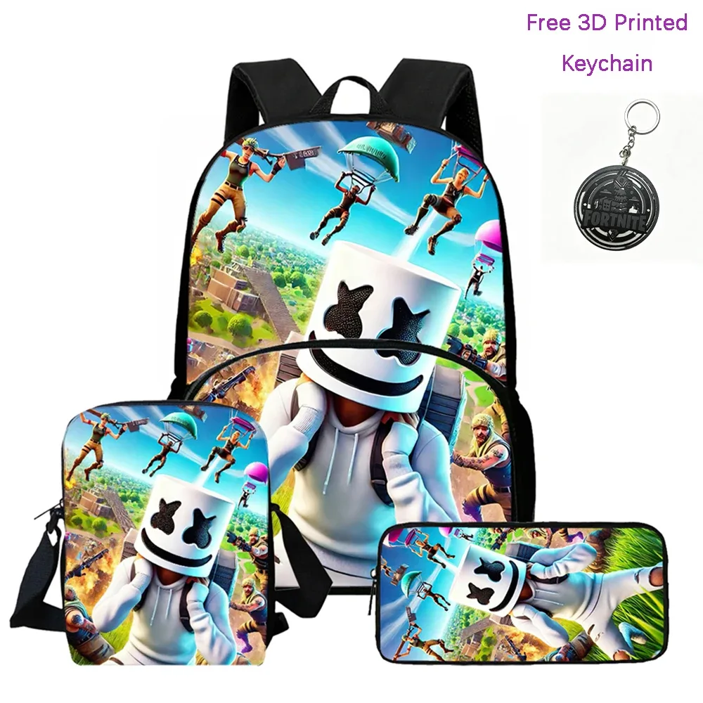 fortnite – sac à dos léger avec poche avant, sac bandoulière et trousse à crayons, pour garçons et filles de 5 à 10 ans, porte-clés imprimé en 3d gratuit, 3 pièces