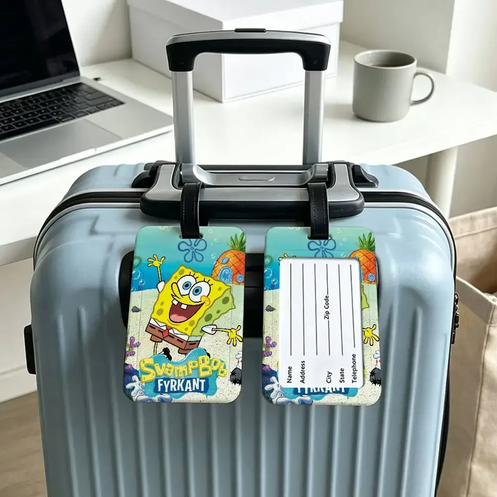 étiquette d'identification de bagage anti-perte en pvc, motif classique de dessin animé s-spongebob, avec porte-carte d'informations amovible, étiquette de bagage de voyage.
