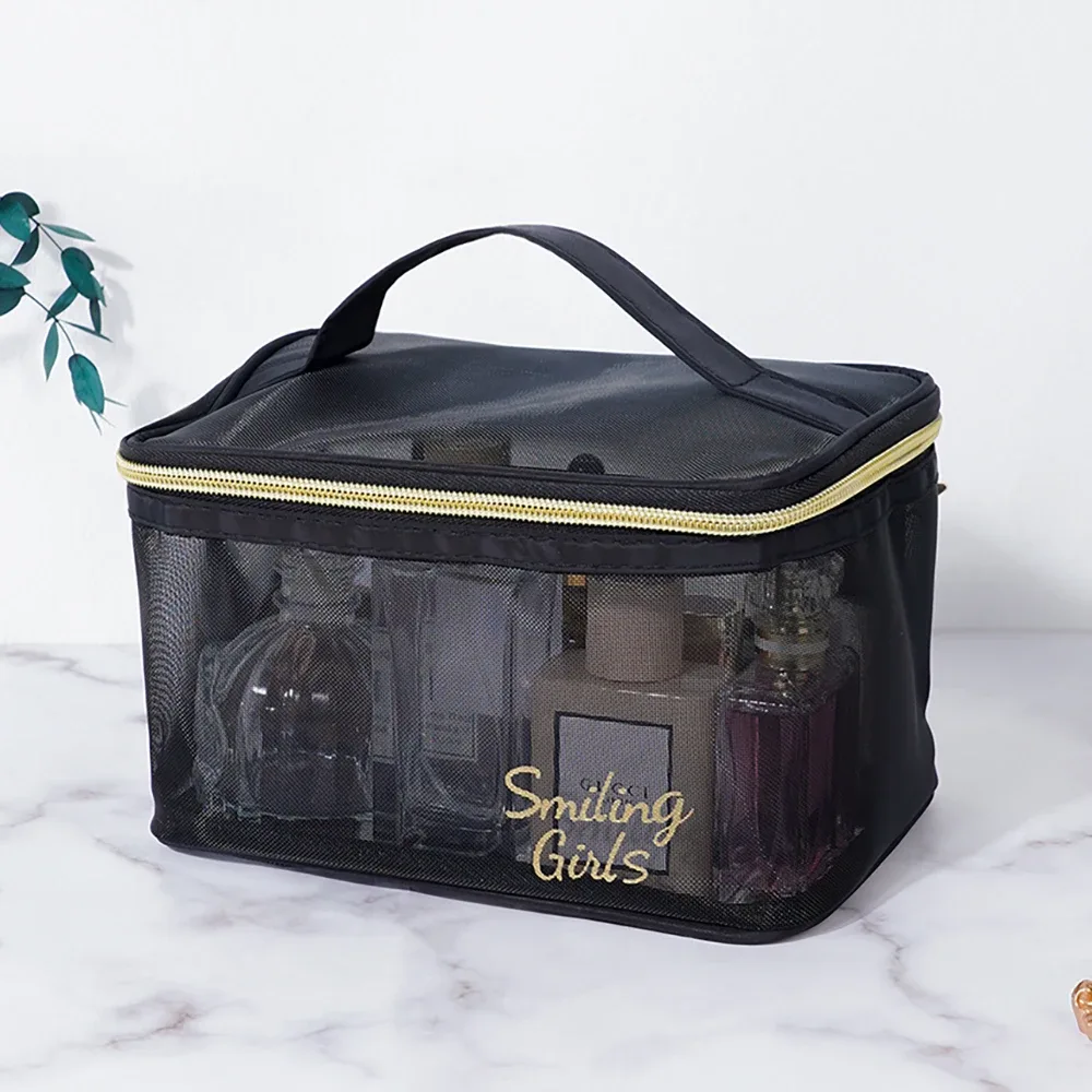trousse de maquillage en maille noire de grande capacité pour femme, trousse de toilette décontractée à fermeture éclair, sac à cosmétiques de voyage