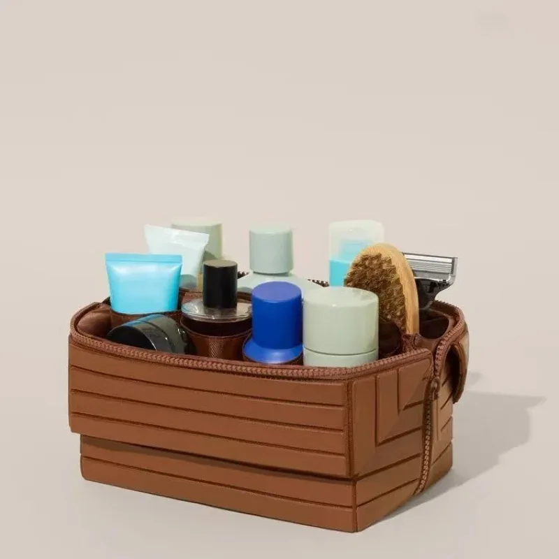 sac de voyage à maquillage en cuir pu rayé pour femme 2026, organiseur de cosmétiques chic à coque rigide portable grande capacité et double fermeture éclair