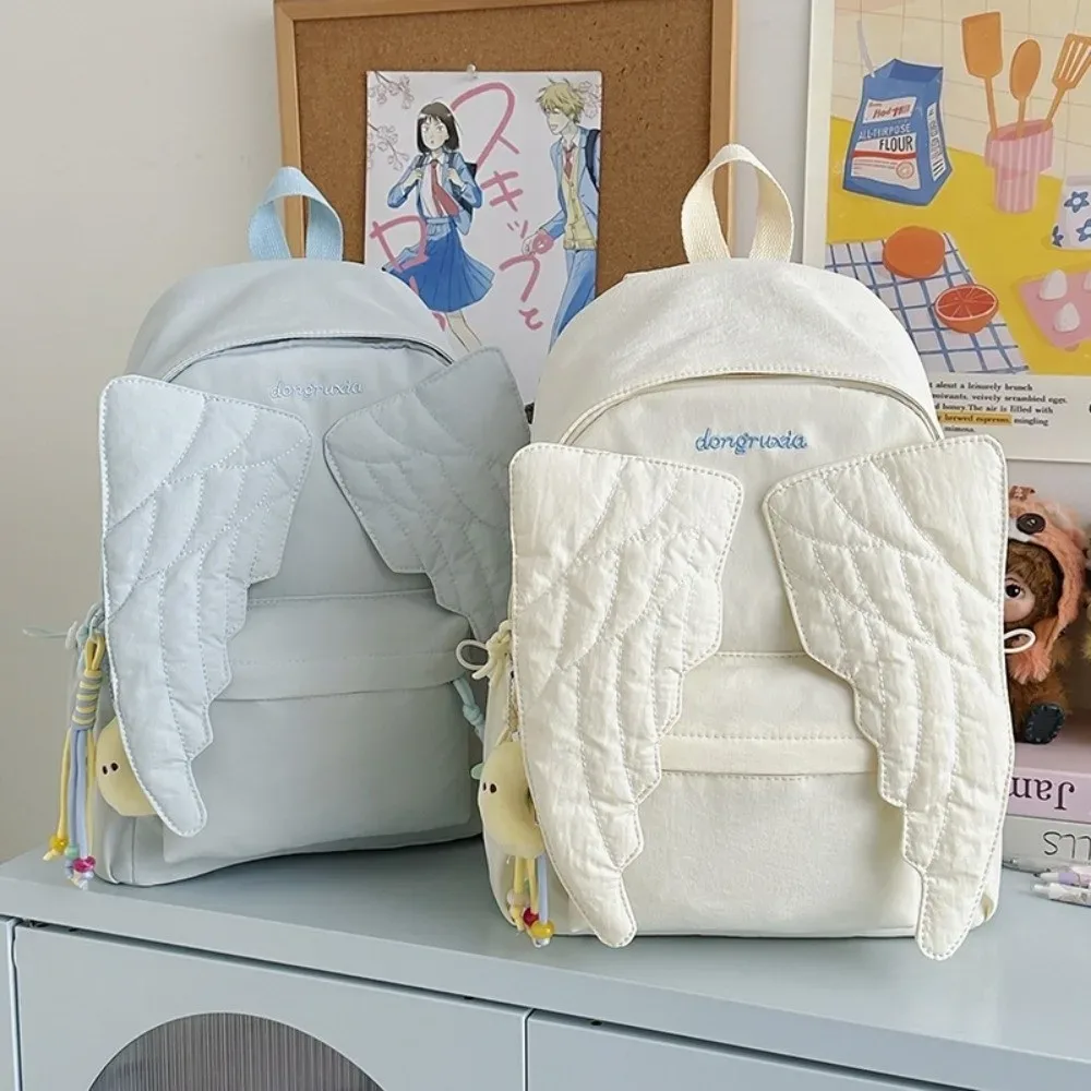 sac à dos polyvalent à ailes d'ange, couleur unie, grande capacité, en nylon, motif brodé, sac à bandoulière léger
