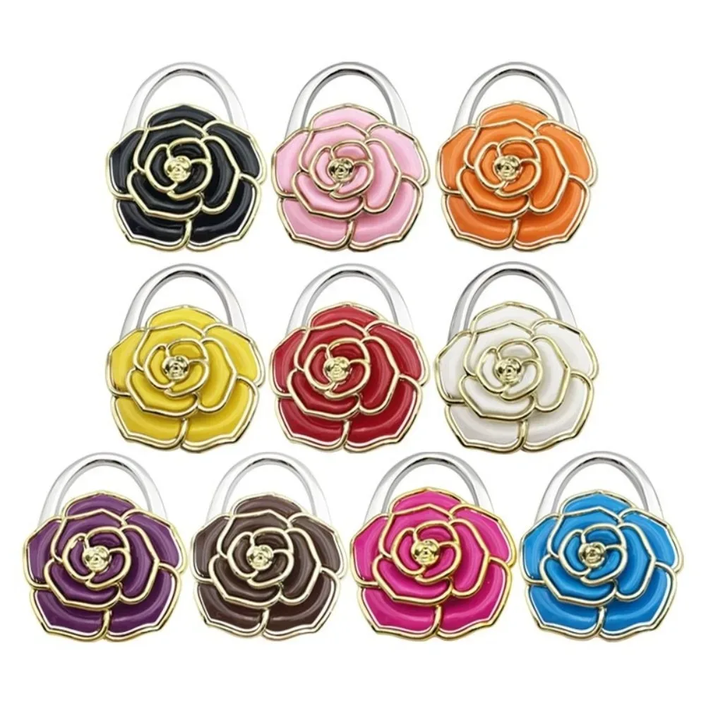 joli crochet pliable pour sac à main en forme de rose, support portable créatif pour porte-documents, support de table durable à bords dorés