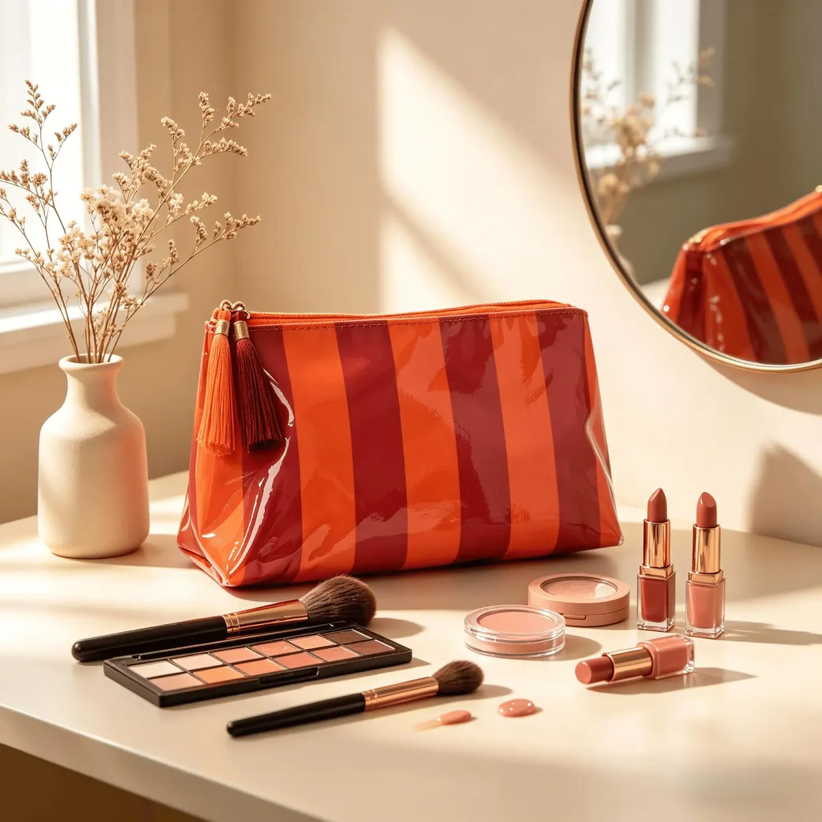 trousse de toilette rayée grande capacité pour femme, sac de maquillage imperméable, trousse de toilette de sport, sac de voyage portable, boîte de rangement en pvc, forme cylindrique, cadeau
