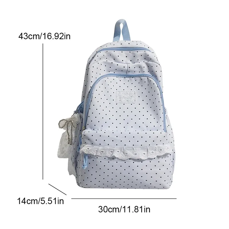 sac à dos scolaire en nylon de grande capacité, style coréen, orné de dentelle à pois et d'un joli nœud décoratif, idéal pour les filles, pour les voyages quotidiens.