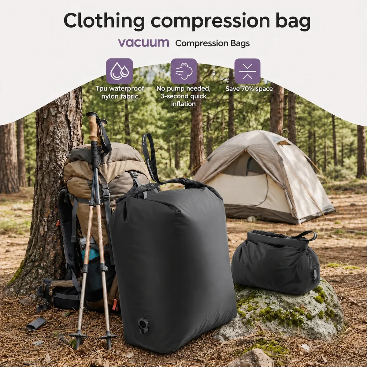 sac de compression sous vide pour camping en plein air, sans pompe, organisateur de rangement étanche pour sac