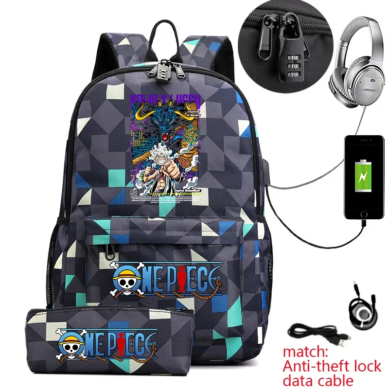 sac à dos d'étudiant imprimé one piece luffy, sac d'école décontracté antivol avec trousse à crayons pour garçons et filles