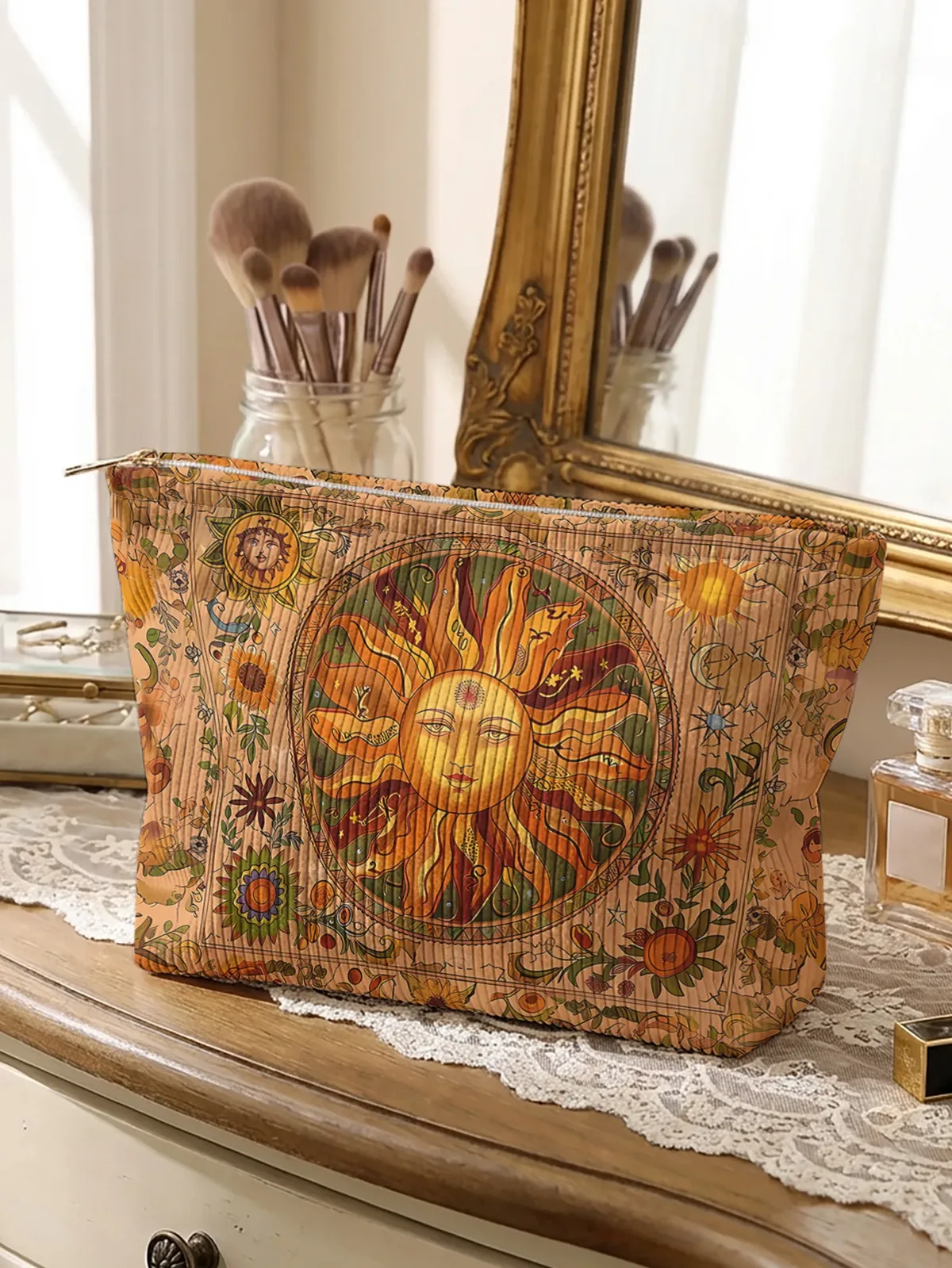 pochette à maquillage vintage bohème en velours côtelé imprimé soleil et fleurs, pochette légère à fermeture éclair, trousse de toilette multifonctionnelle doublée