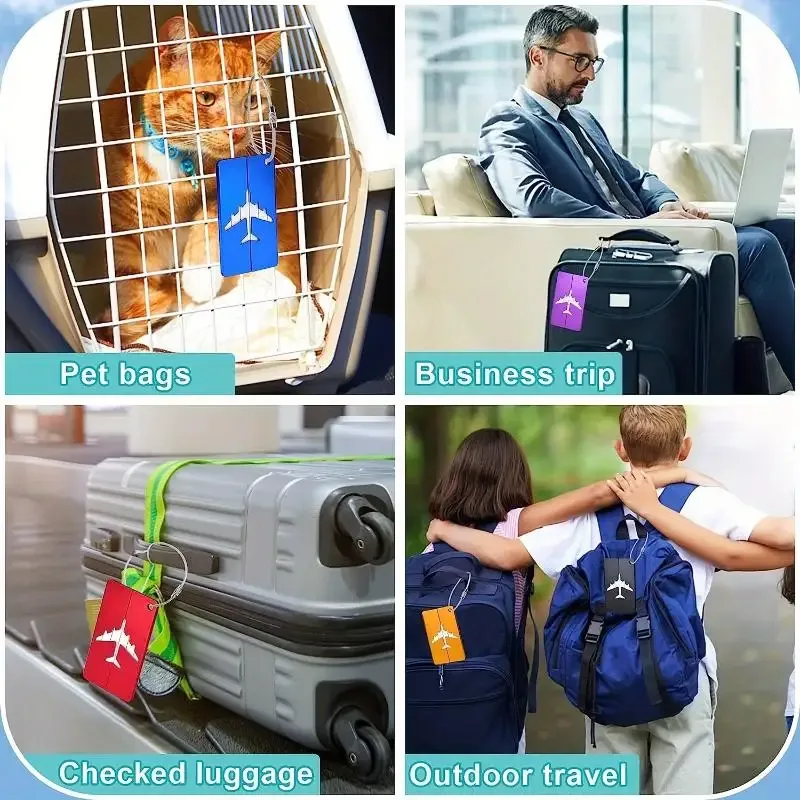 étiquette de bagage en aluminium durable, design tendance avec anneau en acier antivol, étiquette d'identification de bagage pour enregistrement à l'embarquement.