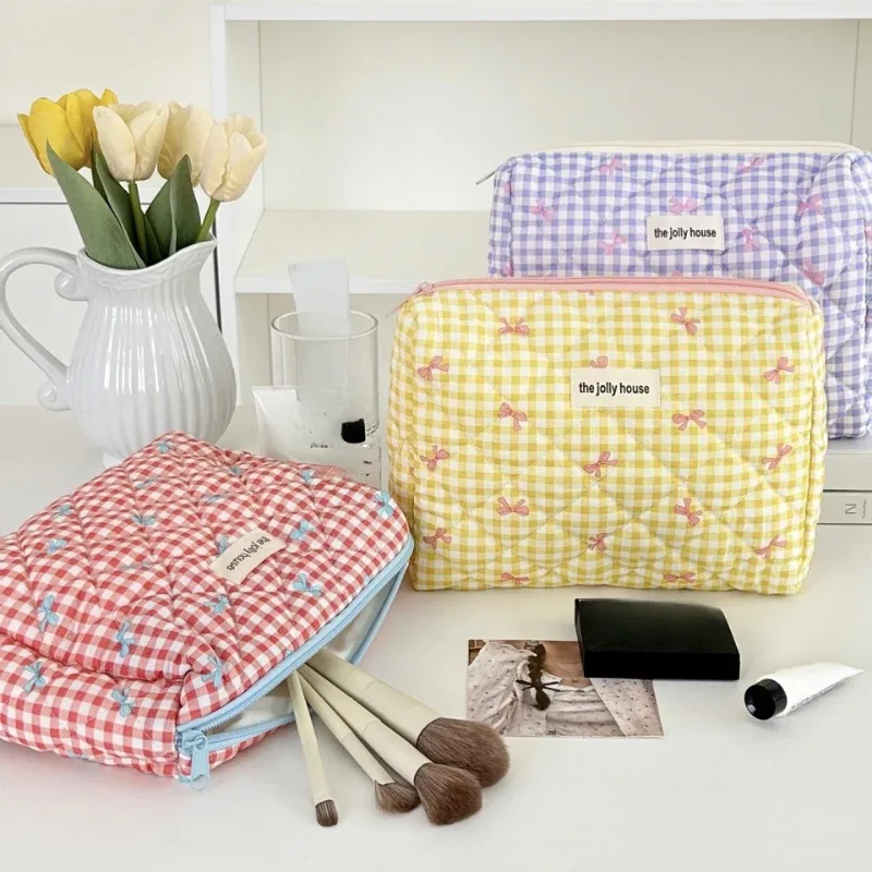 trousse de maquillage en coton avec nœud mignon pour femmes, organisateur de cosmétiques à fermeture éclair, boîte en tissu en forme de trousse de toilette portable pour filles