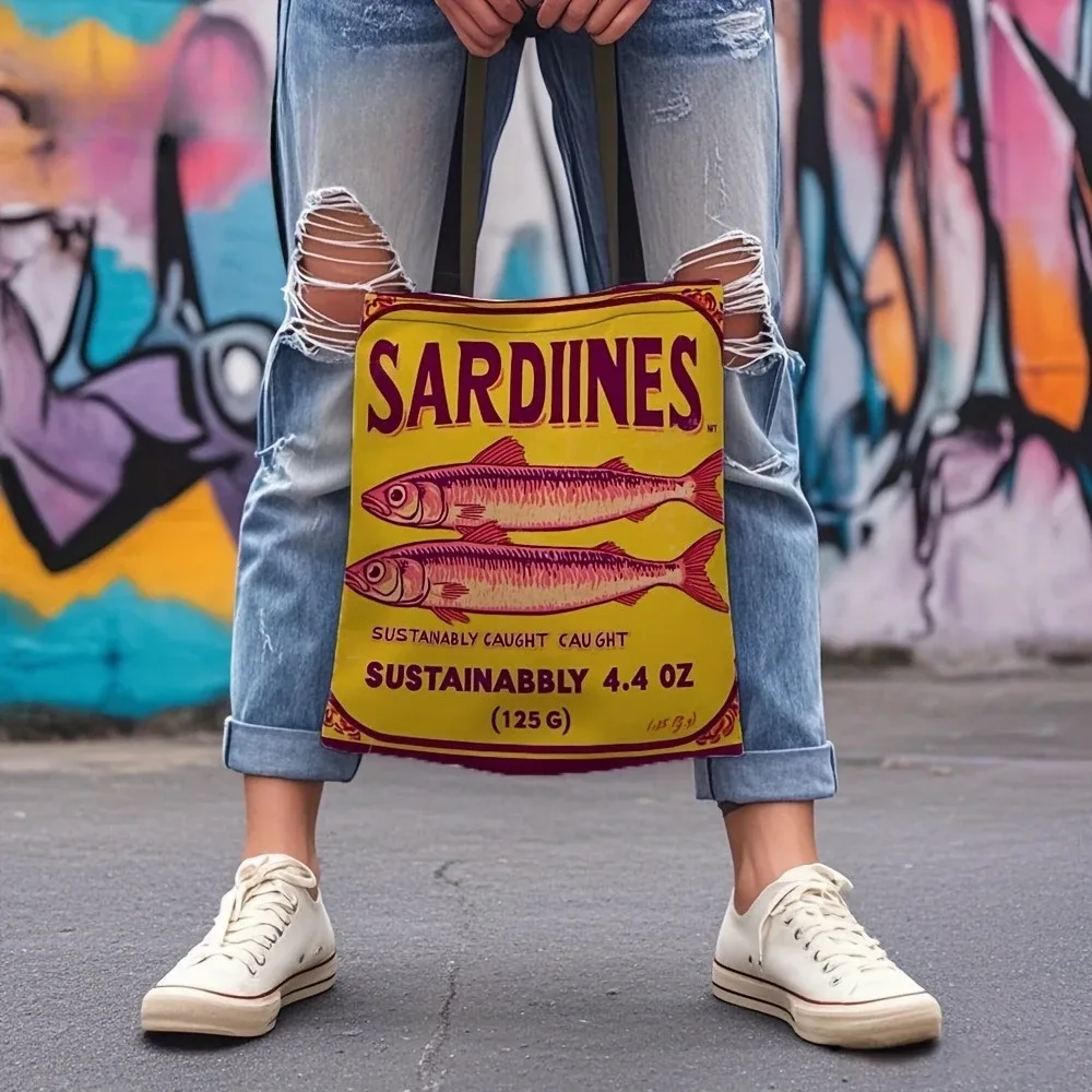 sac fourre-tout chic en polyester pour sardine, 1 pièce, tissu léger et durable pour le travail, l'école, cadeaux de shopping, cadeaux de sardine, sac de transport quotidien