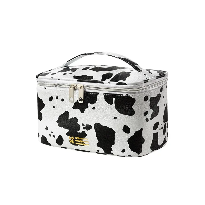 pochette de maquillage mignonne à la mode, trousse de toilette portable imprimée vache, organisateur multifonctionnel à fermeture éclair pour vacances, camping, fête