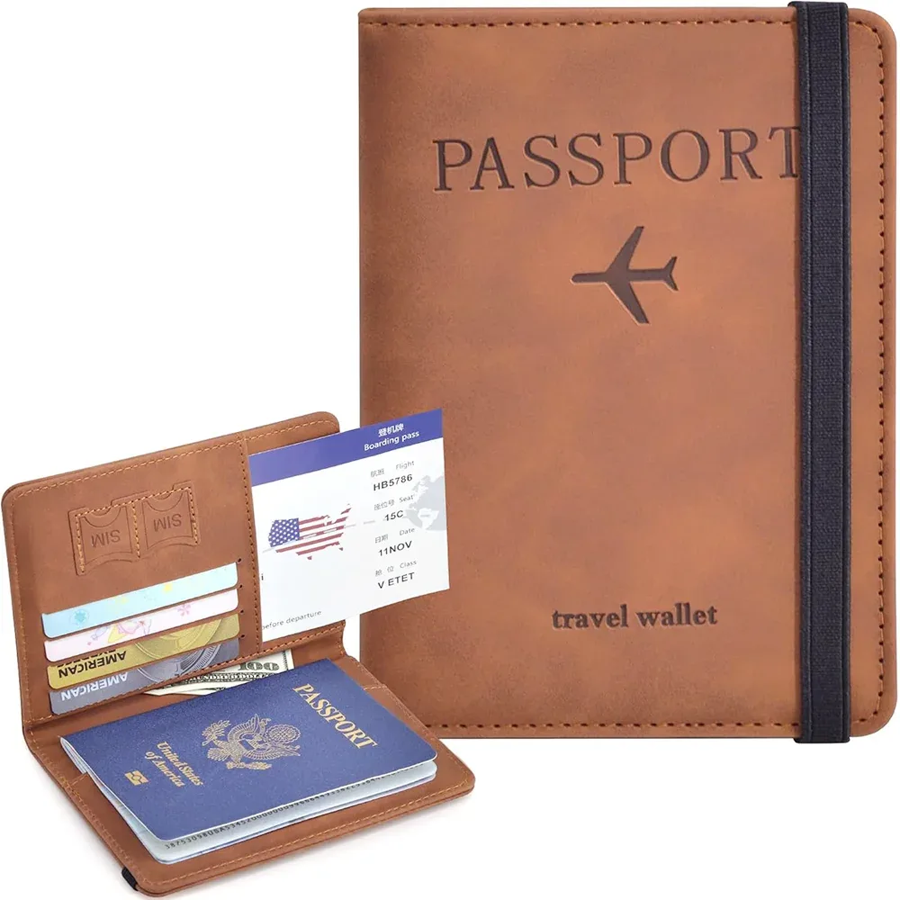 Porte-passeport, couverture de passeport avec emplacement pour cartes de crédit, étui portefeuille pour passeport, indispensable pour les voyages, blocage RFID, en cuir, pour voyage A