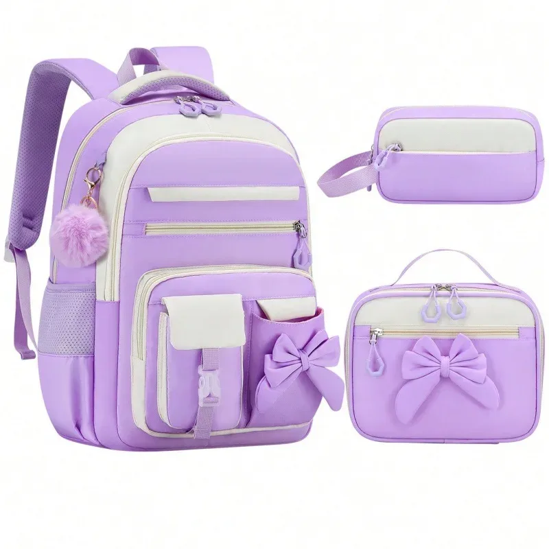 Ensemble de 3 sacs à dos scolaires élémentaires grande capacité mignons pour jeunes filles du collège avec trousse et boîte à lunch