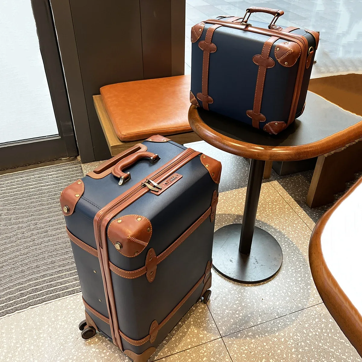 valise de voyage vintage en cuir bleu pour affaires, bagage à main 20 pouces + valise à roulettes 24 pouces, a