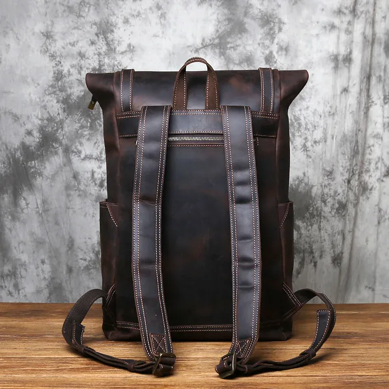 sac à dos vintage en cuir véritable pour homme nzpj, sacoche pour ordinateur en cuir crazy horse, sac à dos de voyage en cuir de vachette pleine fleur naturel