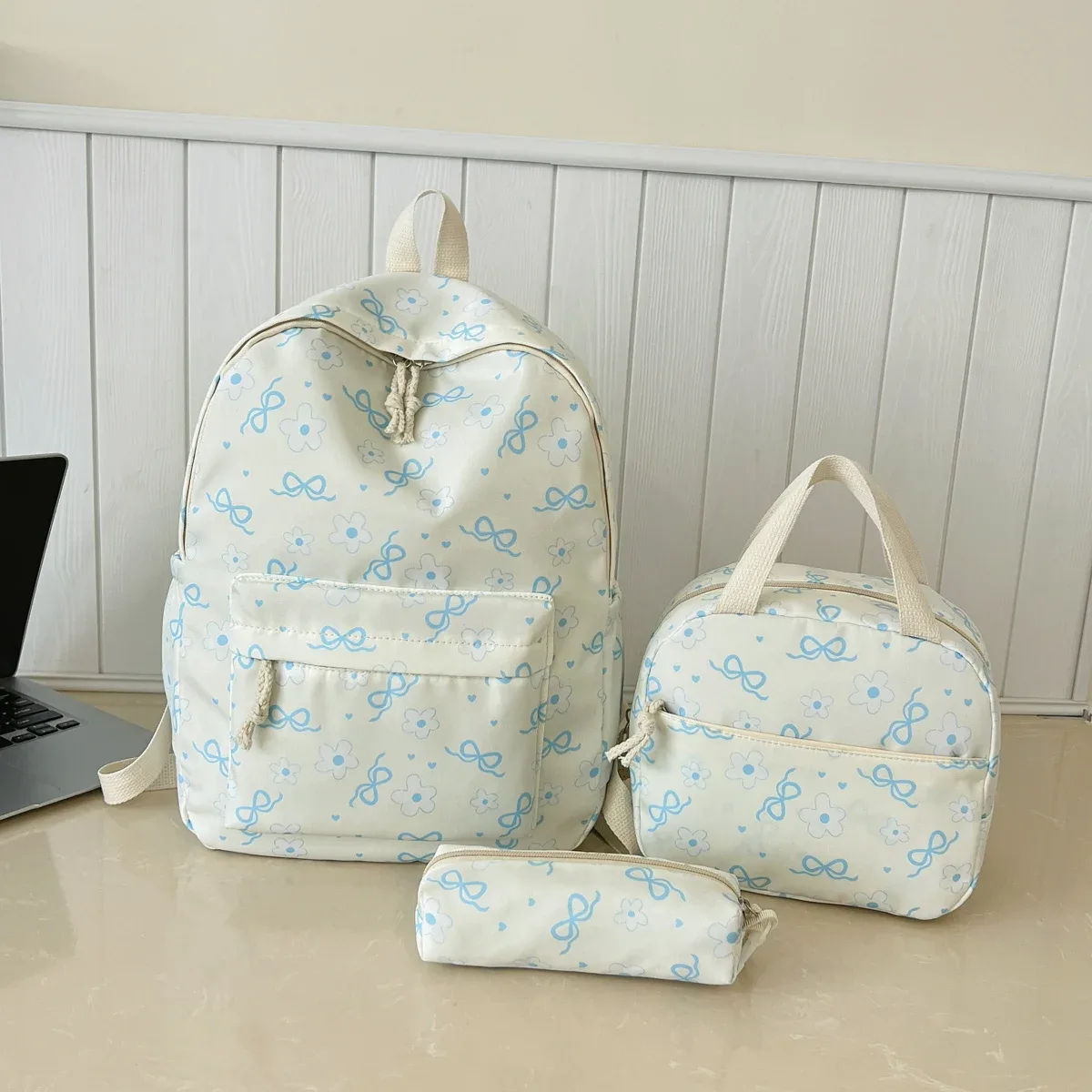 sac à dos imprimé fleurs avec nœud, léger et multifonctionnel, ensemble de trois pièces, pour étudiants et campus – collection high beauty sweet cool