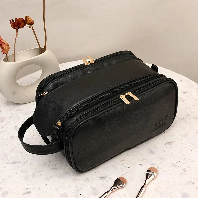 trousse de maquillage multifonctionnelle pour femme, cuir pu, grande capacité, portable, double fermeture éclair, voyage, brosse à maquillage, rangement d'articles de toilette