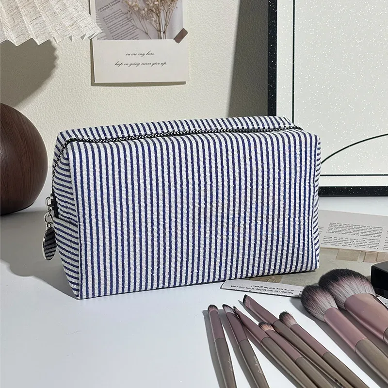 trousse de toilette rayée en mousseline bulle, sac de voyage portable, grande pochette de rangement pour maquillage, trousse de maquillage pour étudiant