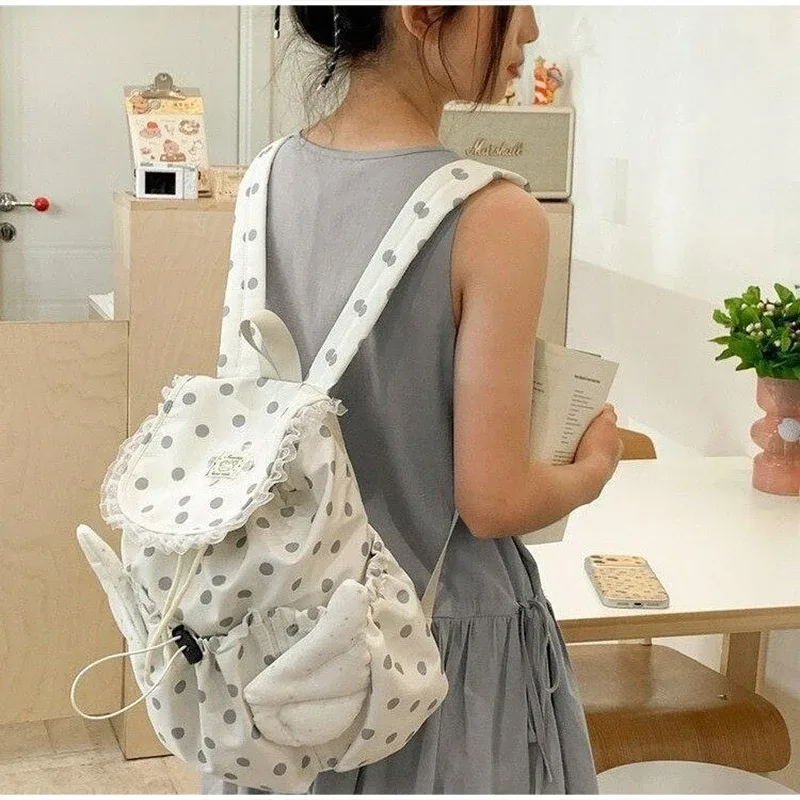 sac à dos à pois tendance grande capacité avec cordon de serrage, sac d'école pour étudiants, design ailes d'ange, sac à dos décontracté pour femme, idéal pour les voyages et le quotidien