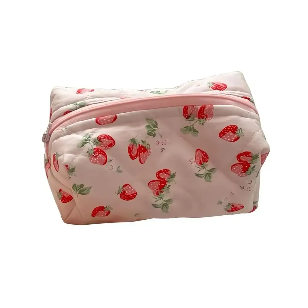 organisateur de rangement, sac de maquillage matelassé bouffant à fleurs, pochette à cosmétiques, grand sac à cosmétiques de voyage imprimé de fleurs et de fraises