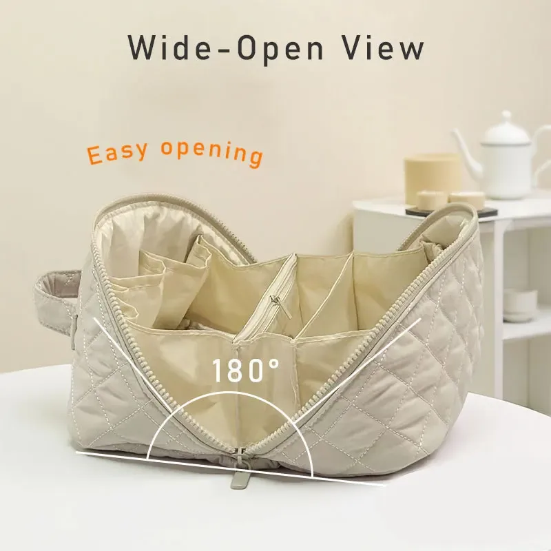 sac à cosmétiques matelassé de luxe, organiseur de maquillage grande capacité avec poignée, pochette de rangement pour articles de toilette de voyage pour femmes