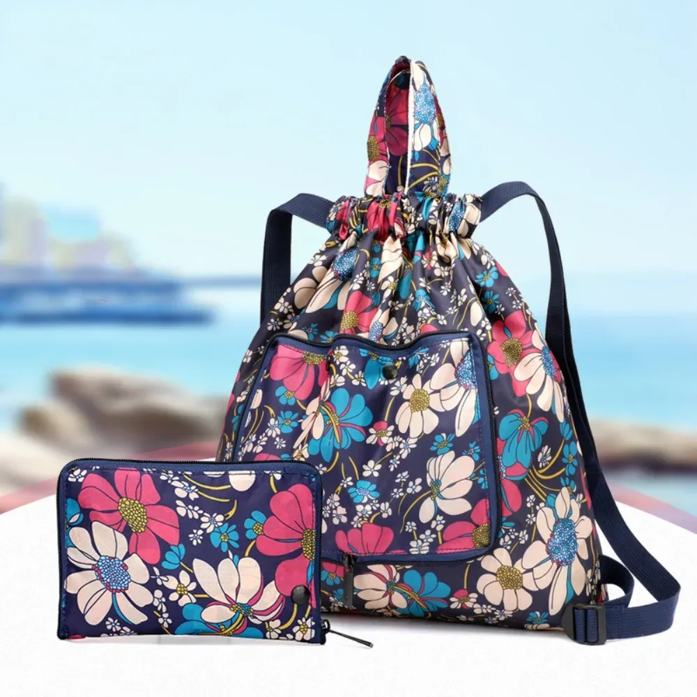 sac de courses multifonctionnel à fleurs, sac à cordon léger et portable, sac à dos plié en nylon animal, voyage