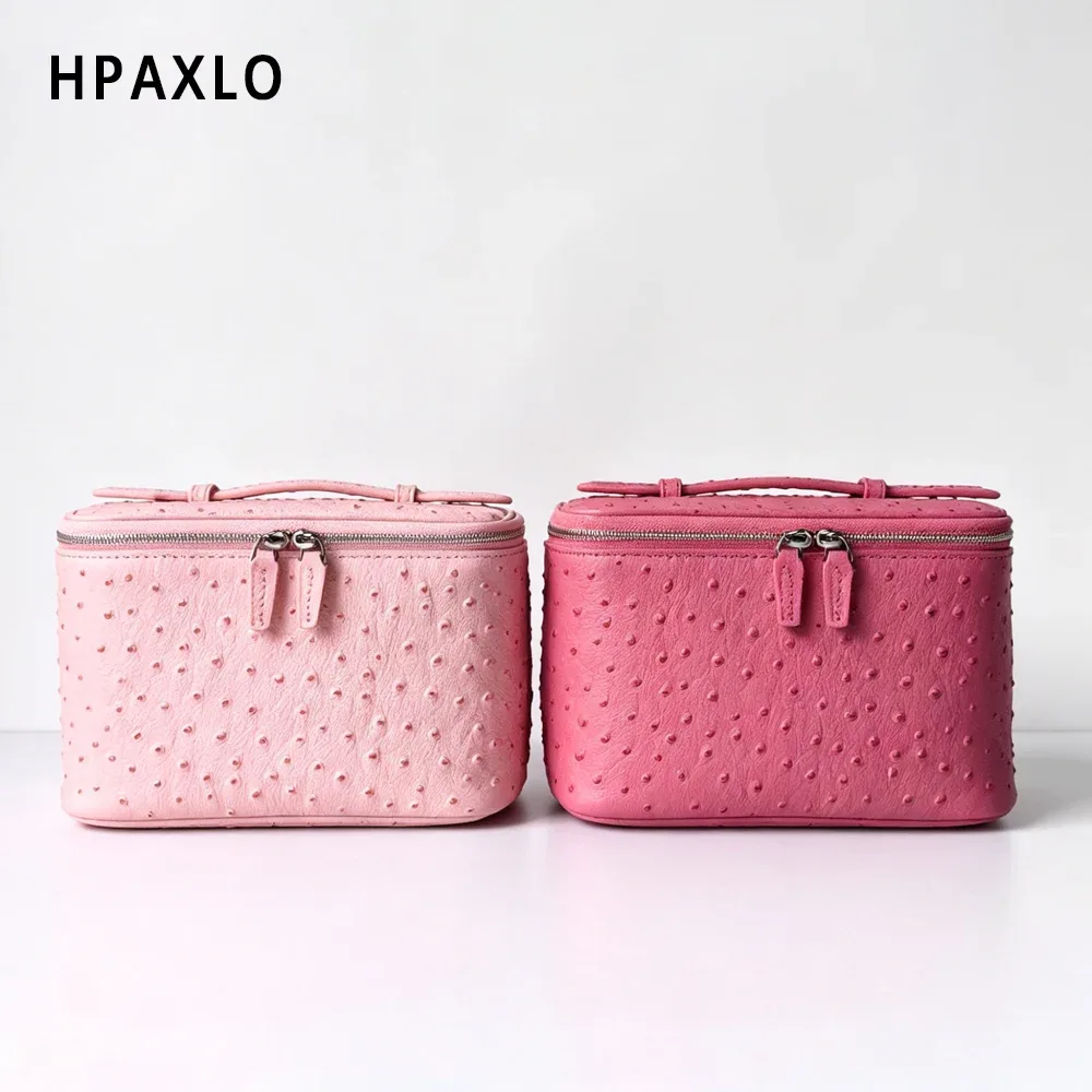 Sac de toilette pour femme en cuir véritable à motif d'autruche, sac de voyage carré tendance, organiseur de cosmétiques, grand sac à cosmétiques, sac à main, neuf