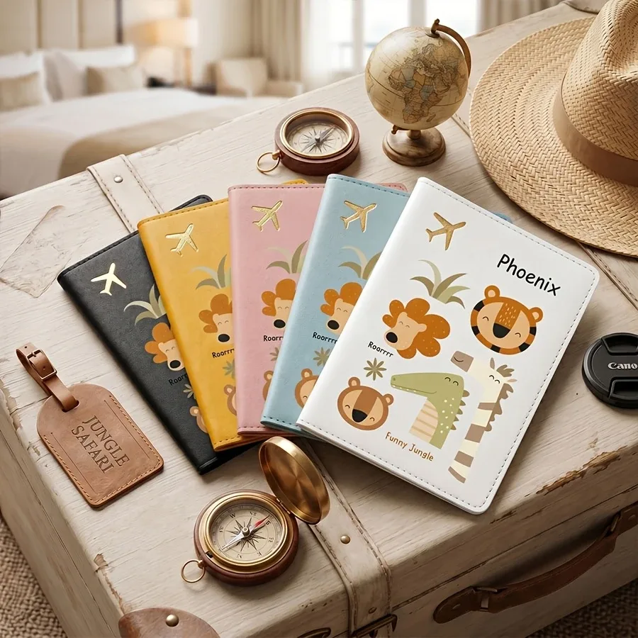 porte-passeport personnalisé avec nom et texte, étui de passeport mignon à motif de dessin animé, couverture de passeport et organiseur de documents