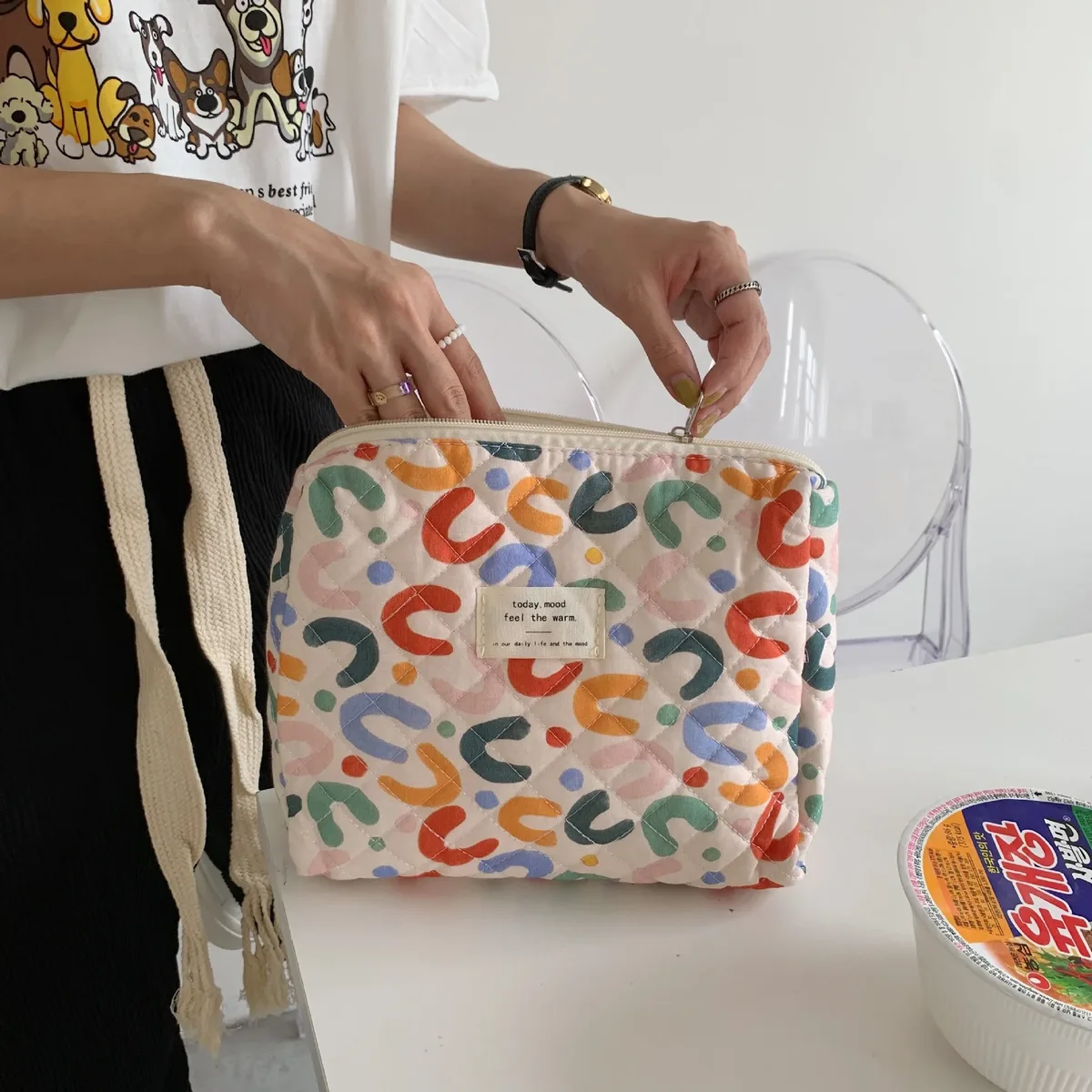 sac de rangement de voyage en coton matelassé pour femmes, sacs à cosmétiques rétro cerise, design mignon, trousse à crayons pour filles, trousse de maquillage, sacs à main