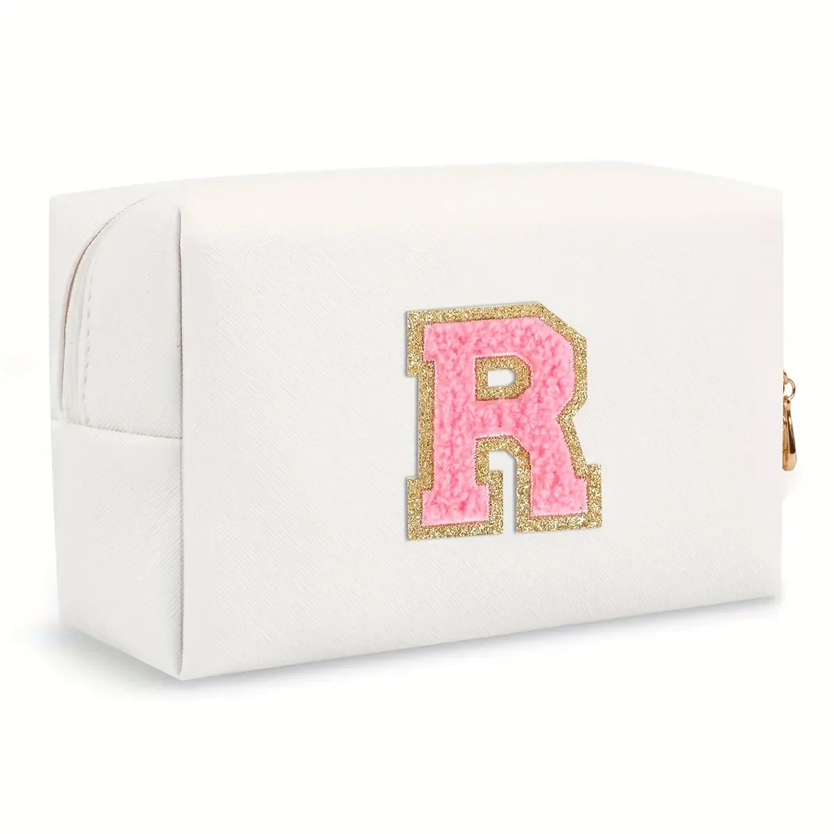 trousse de maquillage preppy pour femmes, trousse de toilette de voyage, sac à cosmétiques avec lettres en chenille, pochette étanche en cuir pu, joli organisateur à fermeture éclair-ll