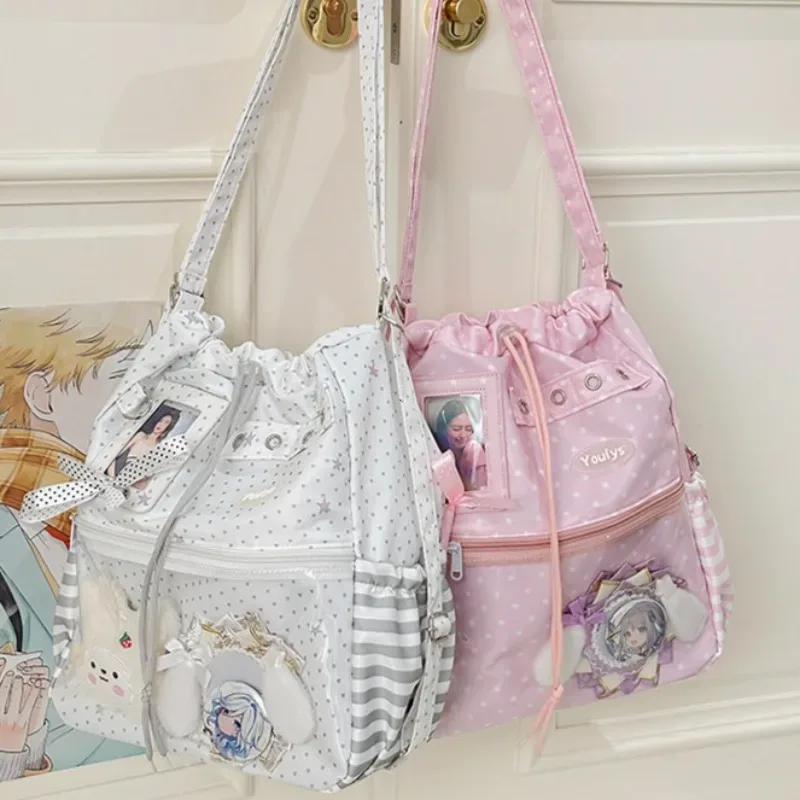 sac à dos ita mignon à pois avec cordon de serrage et poche transparente pour pince, sac multifonctionnel pour l'école, les trajets et les sorties