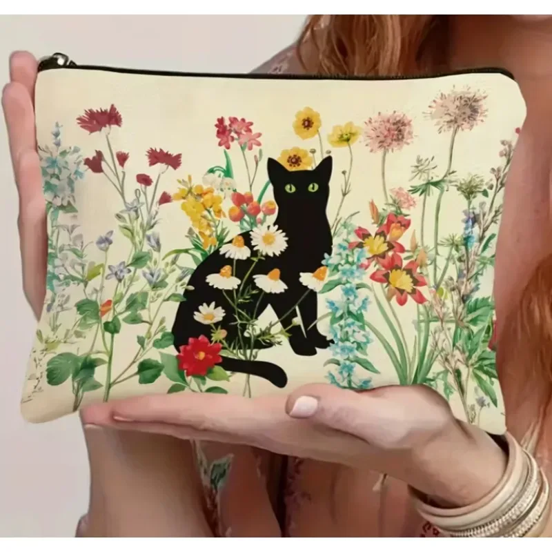 trousse de maquillage vintage à motif chat noir, charmante pochette cosmétique en polyester, cadeau floral pour les amoureux des chats, femmes, adolescentes, filles