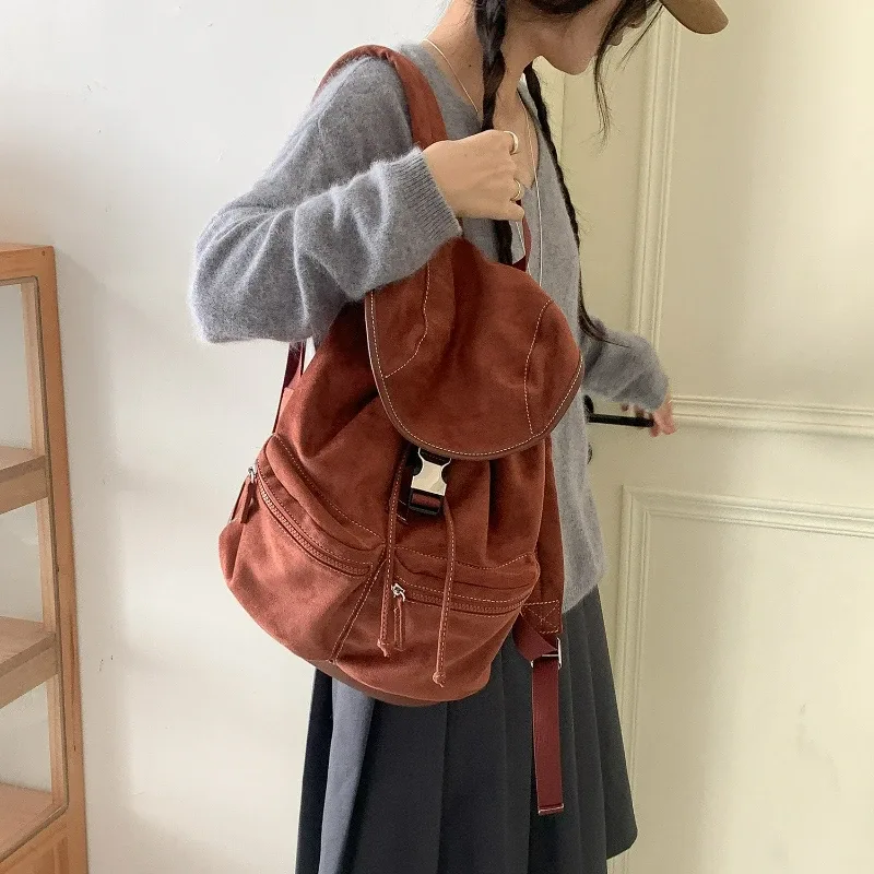 sac à dos à rabat avec cordon de serrage de style coréen, sac d'hiver vintage en daim de grande capacité à la mode, sac à bandoulière polyvalent pour voyage