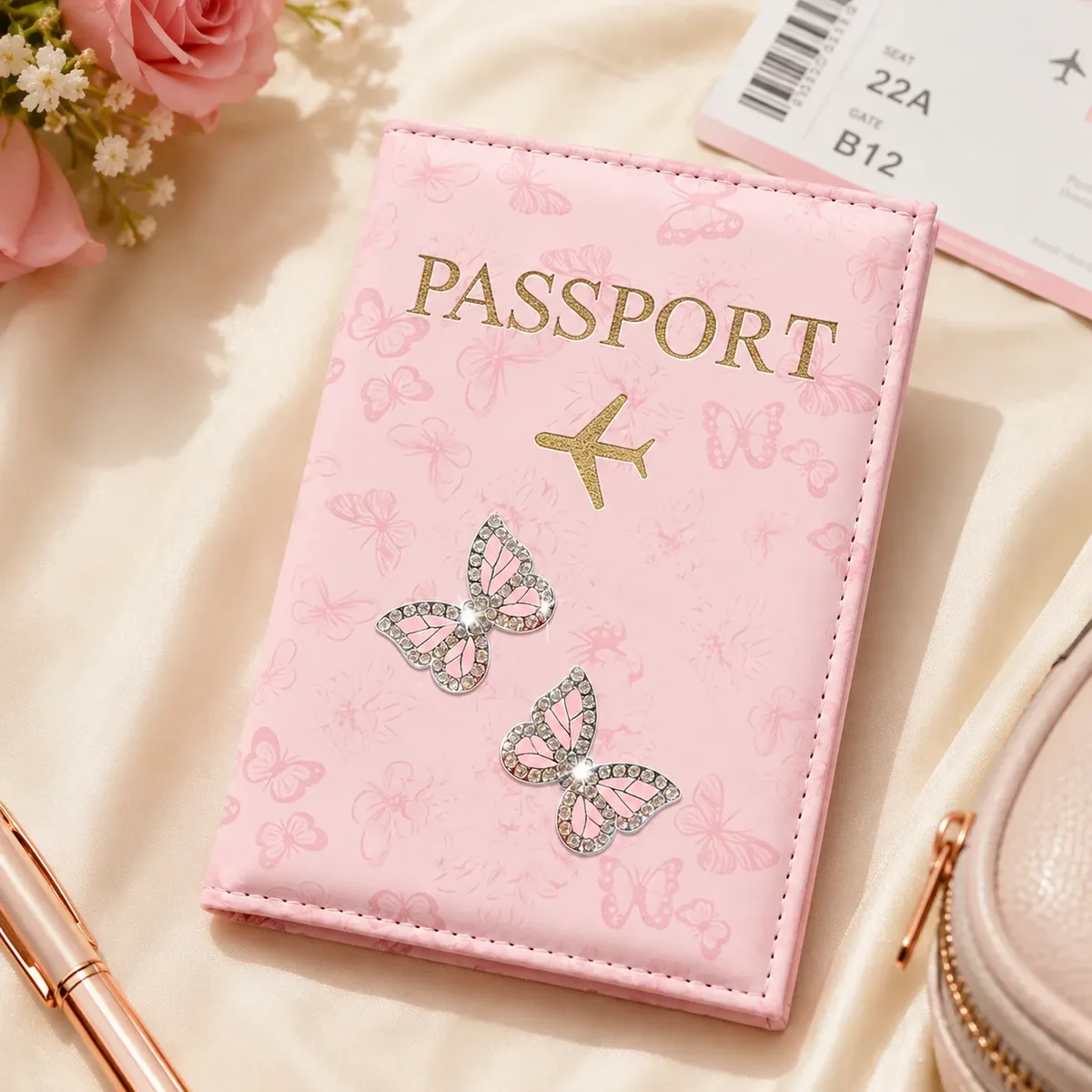 Porte-passeport en cuir PU rose papillon, étui de voyage orné de strass avec emplacements pour cartes pour femme, cadeau idéal pour les vacances à l'aéroport