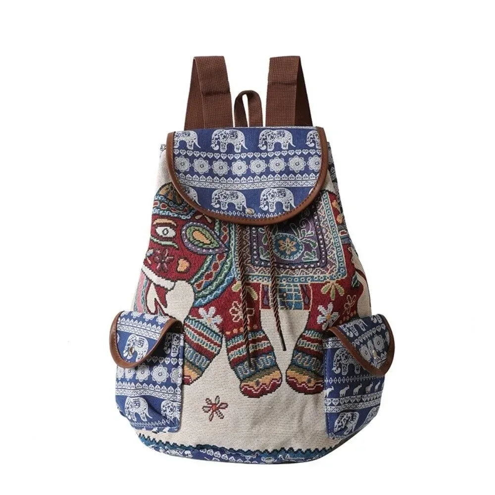 sac à dos décontracté en toile brodé style ethnique jacquard avec motif éléphant et hibou, sac seau à cordon pour la plage