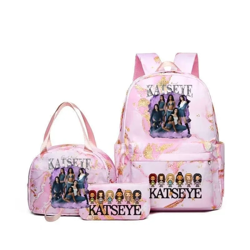 sacs à dos katseye à imprimé amusant avec sacs à lunch, multi-poches, camouflage, pour adolescents, sac à dos de voyage pour ordinateur portable, sac d'école pour femmes, mochila