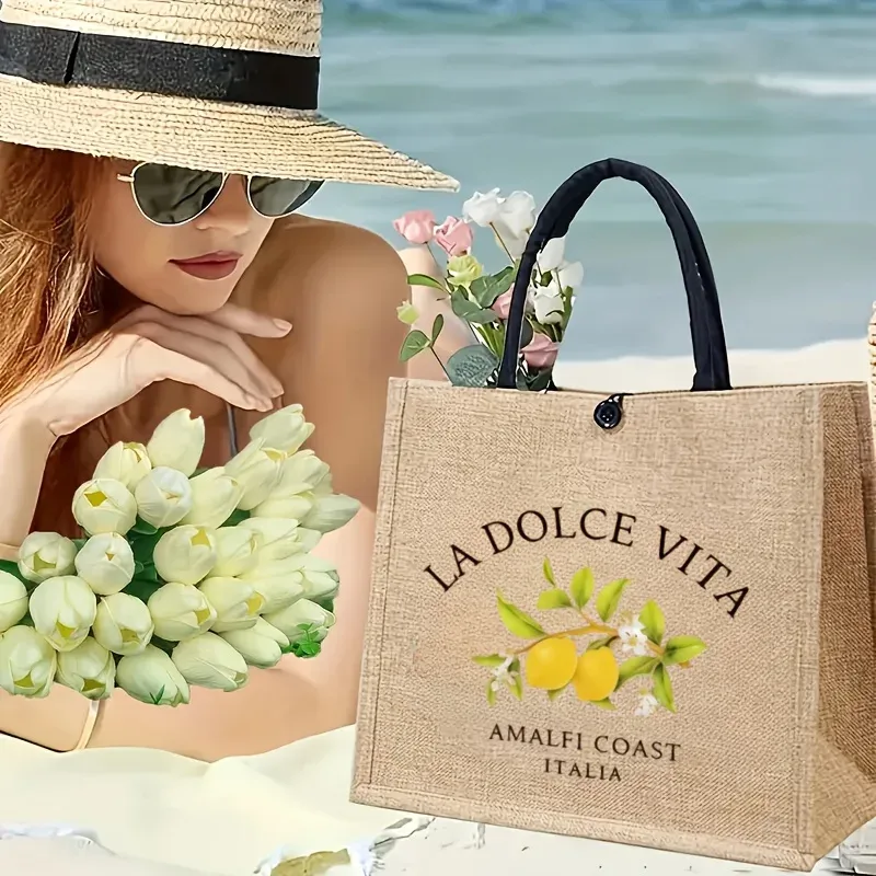Sac fourre-tout en lin La Dolce Vita Lemon, imprimé Côte d'Amalfi Italie, sac de plage réutilisable pour femmes, sac de shopping d'été