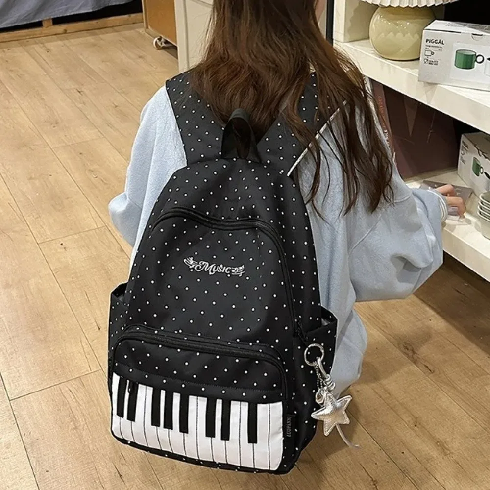 sac à dos personnalisé pour femme, motif à pois, grande capacité, tendance, simple, mignon, durable, sac à dos piano pour le shopping.