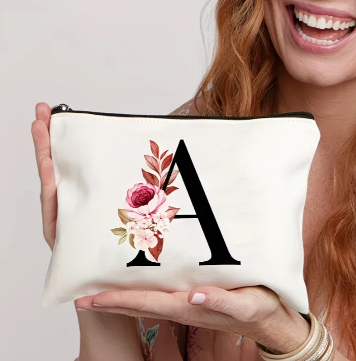sac à fermeture éclair élégant avec motif de lettres et de fleurs, trousse de maquillage polyvalente, trousse à cosmétiques légère pour femmes a-z, 1 pièce