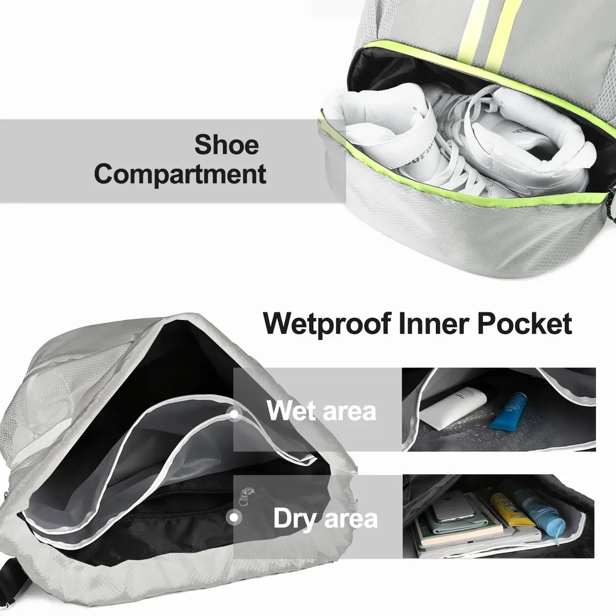 sac de sport à cordon avec compartiment à chaussures, grand sac de gym pour le basketball et la natation, avec séparation sec/humide