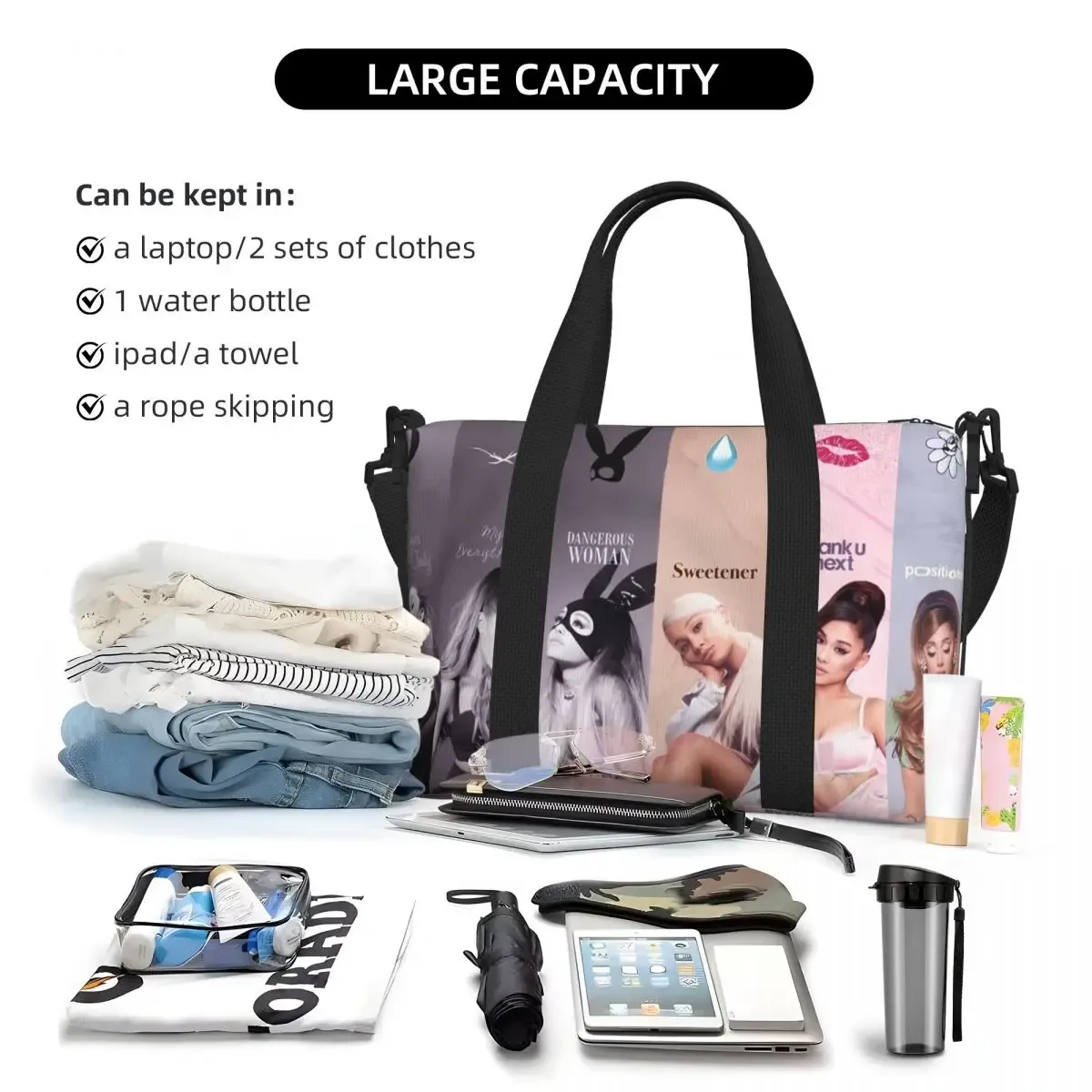 sac fourre-tout personnalisé ariana grande pop music pour femmes, sacs de voyage de grande capacité pour chanteur américain, plage, gymnastique
