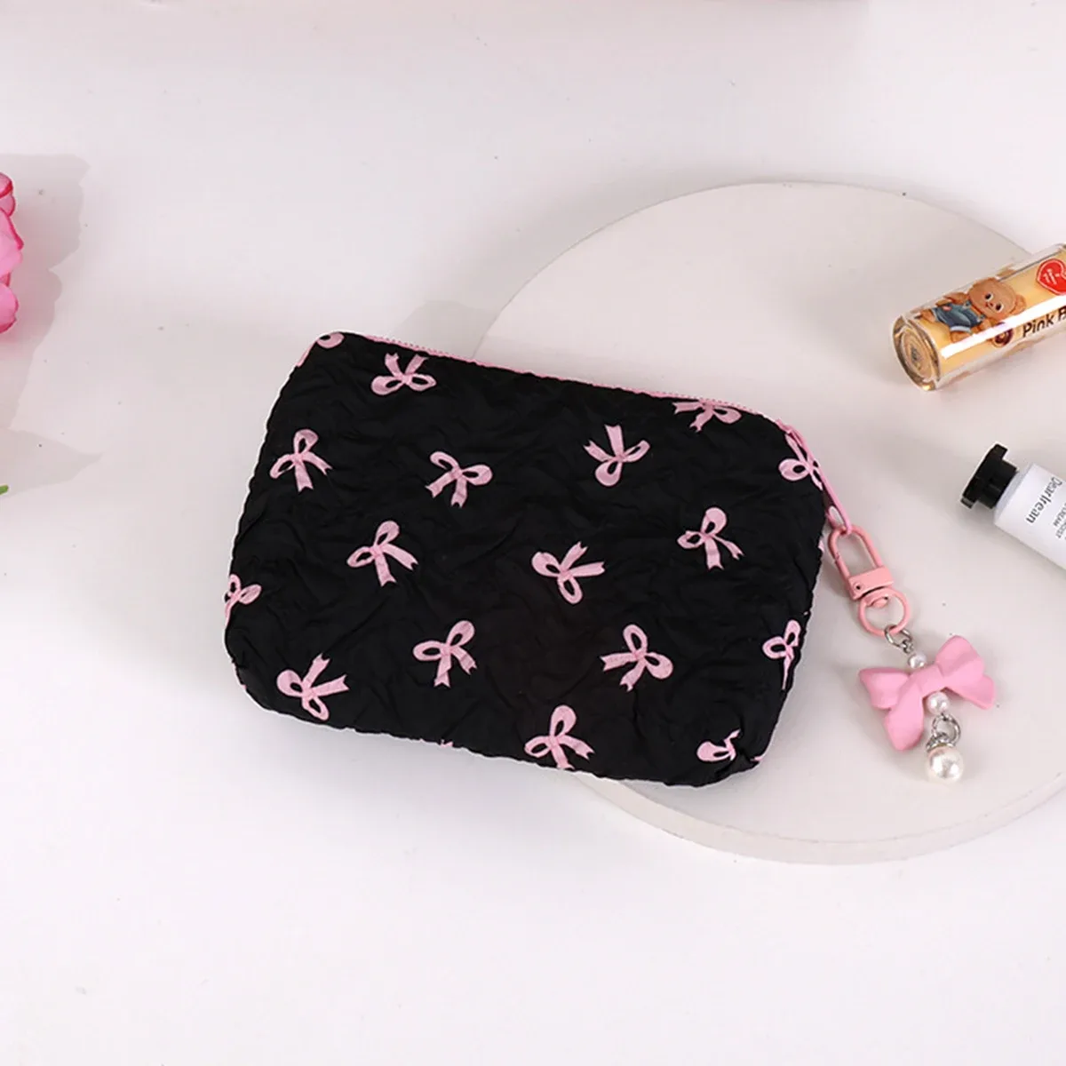 pochette cosmétique plissée avec nœud | pochette de maquillage en coton pour femmes, matelassée, de voyage, organiseur de maquillage pour filles, petite pochette à nœud portable
